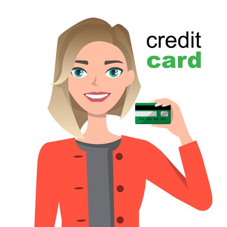 Young beautiful woman smiling, showing, presenting credit card for making paymen.のイラスト素材
