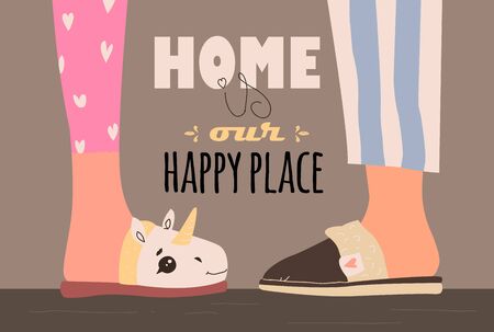 Home is our happy place. vector illustration with home slippersのイラスト素材