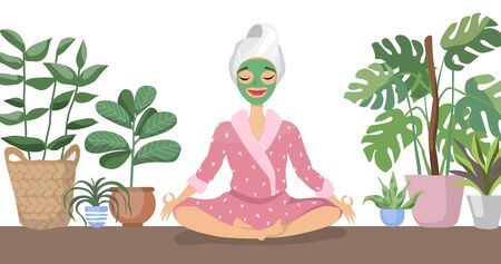 Beautiful young woman with facial mask on her face relax at homeのイラスト素材