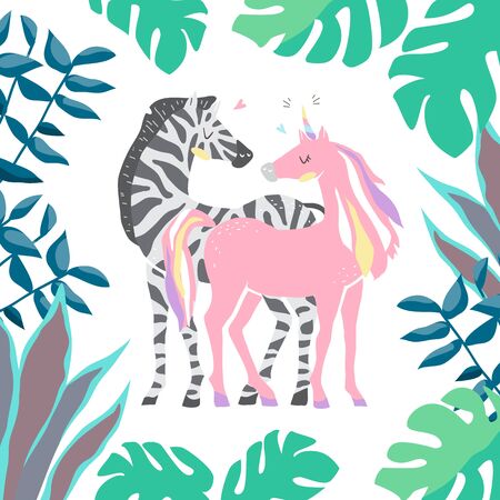 Beautiful cute pink unicorn and zebra. couple of unicorn and zebra in love. isolated image.のイラスト素材