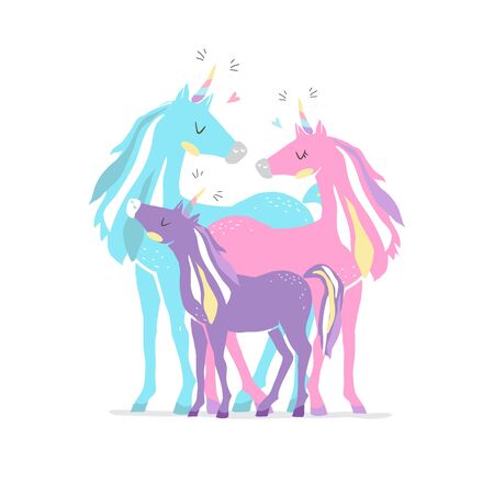 Happy unicorn family. Cute hand drown illustration with unicornsのイラスト素材