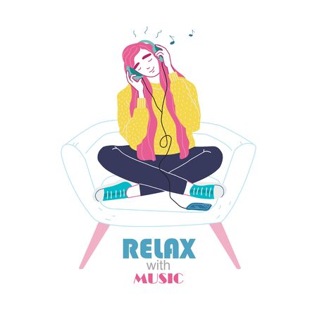 Young woman in headphones listening to music.のイラスト素材