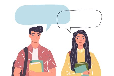 portrait of smiling students boy and girl with chat bubblesのイラスト素材