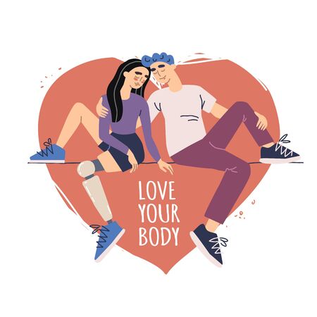 body positive. couple in love. young girl with a bionic prosthetic legのイラスト素材