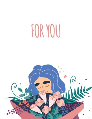 Young beautiful woman holding a bouquet of flowers. Card with vector illustration.のイラスト素材