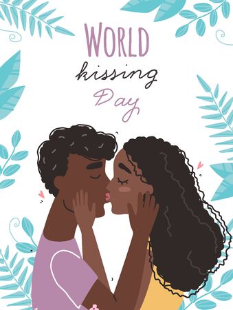 Romantic black african american couple in love kissing. World kissing Day. Vector illustrationのイラスト素材