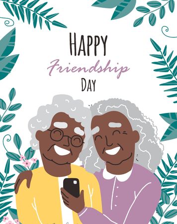 Portrait of smiling Black african american old womens. Happy friends holding each other. Happy friendship day. Old people with smartphoneのイラスト素材