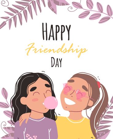 Portrait of smiling girls. Happy friends holding each other. Happy friendship day.のイラスト素材