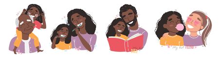 Family and childhood concept. black african american parents hug a child. girl with best friends. an elderly man is having fun with his granddaughterのイラスト素材