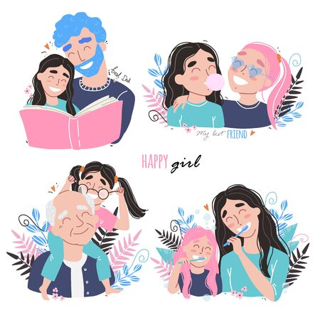 Family and childhood concept. parents hug a child. girl with best friends. an elderly man is having fun with his granddaughterのイラスト素材