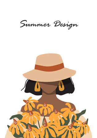 Portrait of a woman with a bouquet of summer flowersのイラスト素材