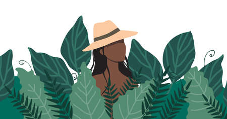 A woman in a straw hat stands in a thicket of tall grassのイラスト素材