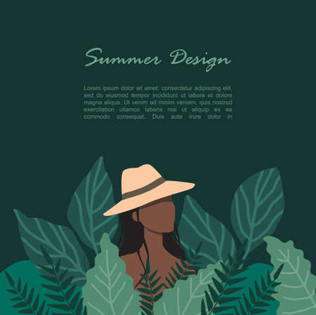 A woman in a straw hat stands in a thicket of tall grassのイラスト素材
