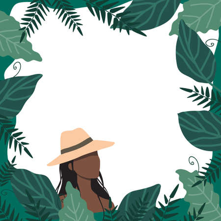 A woman in a straw hat stands in a thicket of tall grassのイラスト素材