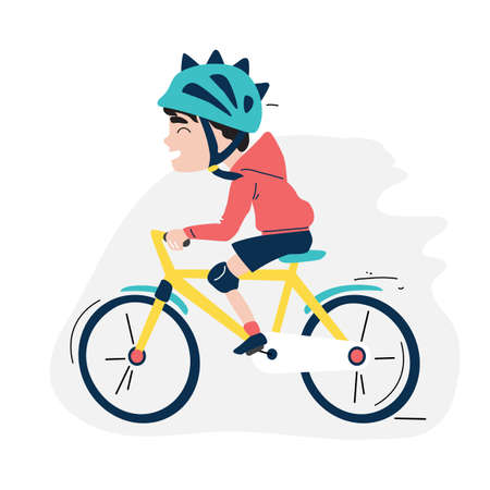 Boy riding a bicycle. Cartoon cute little boy rides a bicycle in a protective helmet. Isolated white background.のイラスト素材