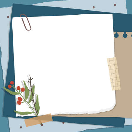 Scrapbook composition with notes paper, tapes, flowers elements and photo frame. Page for stories in winter styleのイラスト素材