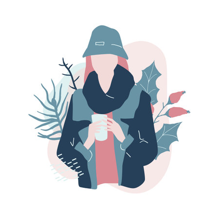Cute cartoon illustration of beautiful teenage girl in winter fashion clothes. Faceless characters in warm winter clothes.のイラスト素材