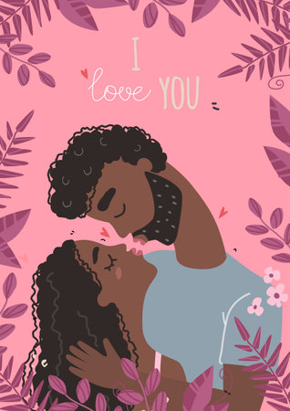 Vector valentine card with cute characters. Lovers black african american man and woman hug.のイラスト素材