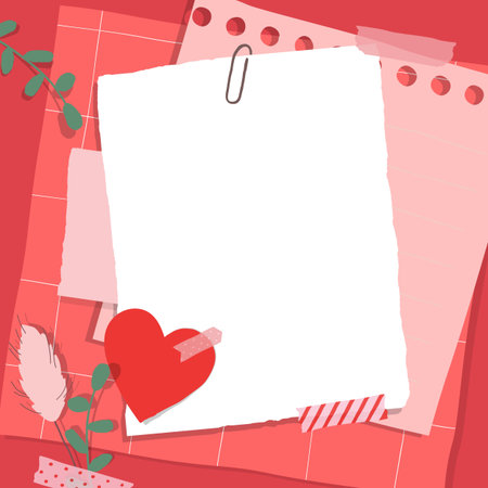 Scrapbook composition with notes paper, tapes, flowers elements and heart sticker. Page for valentine greeting card.のイラスト素材