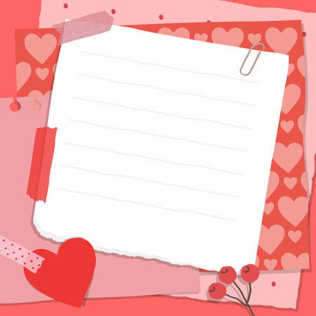 Scrapbook composition with notes paper, tapes, flowers elements and heart sticker. Page for valentine greeting card.のイラスト素材