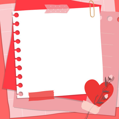 Scrapbook composition with notes paper, tapes, flowers elements and heart sticker. Page for valentine greeting card.のイラスト素材