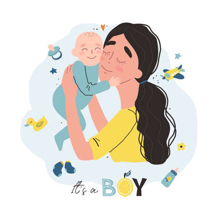 Young mother holding her little baby. Vector illustration with cute characters. It is a boy design concept.のイラスト素材