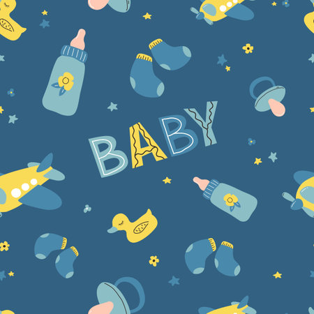 Seamless pattern Nursery baby boy. Icons of baby items.のイラスト素材