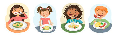 kids child girl and boy eating healthy foodのイラスト素材