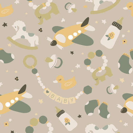 Boho newborn baby seamless pattern. Icons of baby items.のイラスト素材