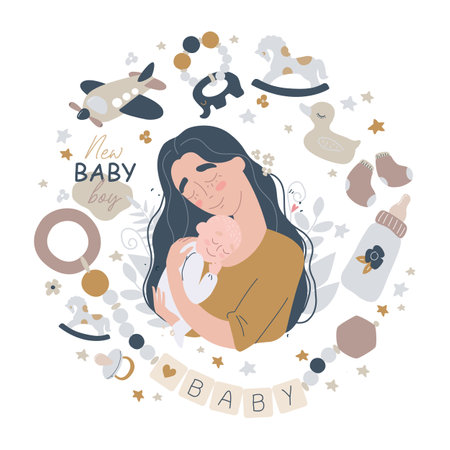 Happy mother holding her little baby. Baby care accessories and items. Newborn boho baby.のイラスト素材
