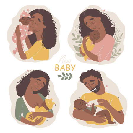 Young black african american happy parents hug their newborn boho babyのイラスト素材
