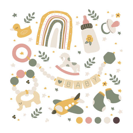 Newborn baby care accessories and items setのイラスト素材
