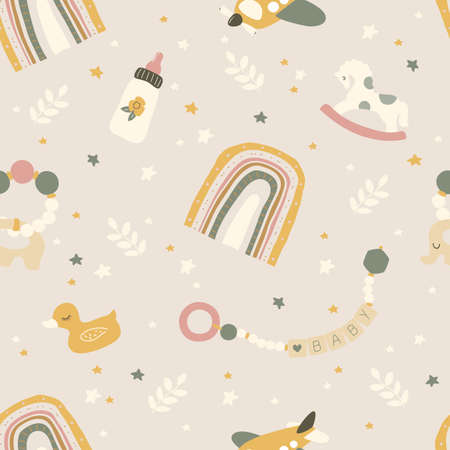 Boho newborn baby seamless pattern. Icons of baby items.のイラスト素材