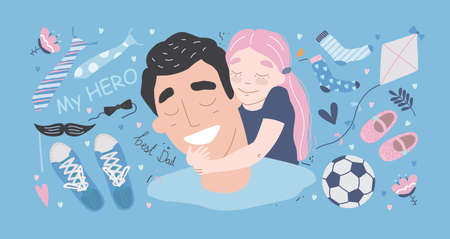 Father and daughter together. Fathers day vector illustration set in modern style. Happy Fathers Day greeting cardのイラスト素材