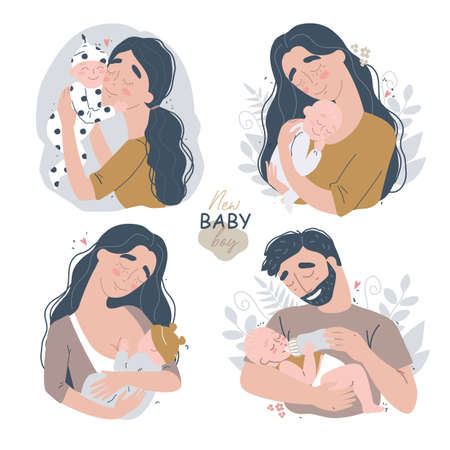 happy parents hug their newborn baby. Set of cute clipartのイラスト素材