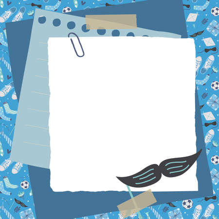 Fathers Day greeting card. Scrapbook composition with notes paper, tapes and moustache. Page for storiesのイラスト素材