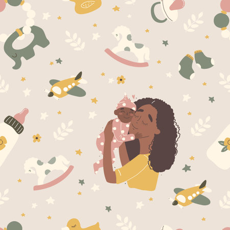 Boho newborn baby seamless pattern. Icons of baby items.