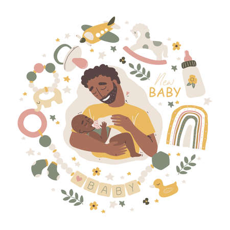 Happy black african american father holding his little baby. Baby care accessories and items. Newborn boho baby.のイラスト素材