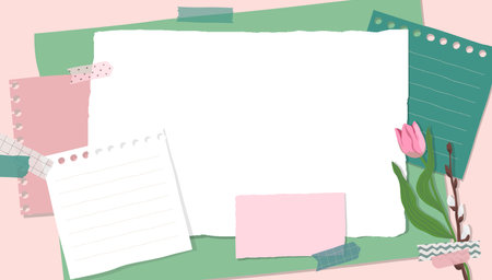 Scrapbook composition with notes paper, tapes and flowers elements. Page for stories in spring styleのイラスト素材