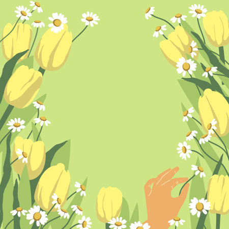 Spring background with yellow tulips and daisies. Flowers background for design.のイラスト素材