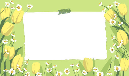 Spring background with yellow tulips and daisies. Flowers background for design.のイラスト素材