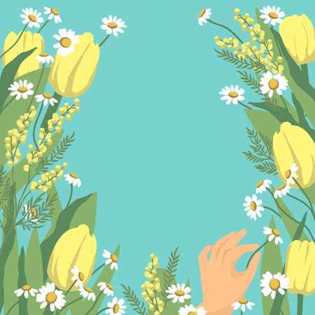 Spring background with yellow tulips and daisies. Flowers background for design.のイラスト素材