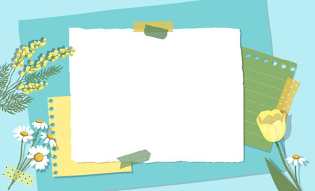 Scrapbook composition with notes paper, tapes and flowers elements. Page for stories in spring styleのイラスト素材