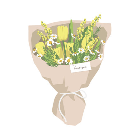 Bouquet of spring flowers. Yellow tulips, mimosa and daisies.のイラスト素材