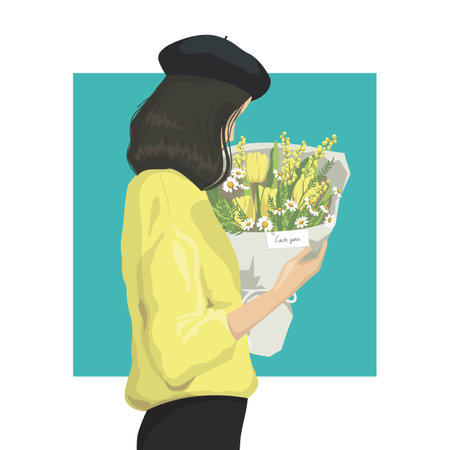 Young beautiful caucasian woman holding bouquet of spring flowers. Stylish spring bouquet with yellow tulips, mimosa and daisies.のイラスト素材