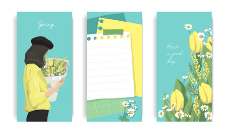 Design for social media. Set of spring stories templates. Mockup for personal blog. Scrapbook composition with notes paper, tapes, flowers elements and photo frame.のイラスト素材