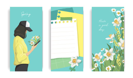 Design for social media. Set of spring stories templates. Mockup for personal blog. Scrapbook composition with notes paper, tapes, flowers elements and photo frame.のイラスト素材