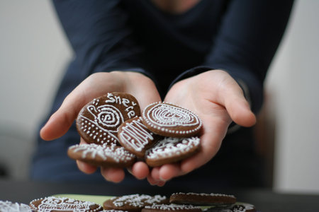 Homemade gingerbread decorated with white symbols in the hand of the baker.