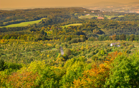 Autumn colorful forest view seen from above. Fall coloured trees in the Czech Paradise, Czech Republicの写真素材