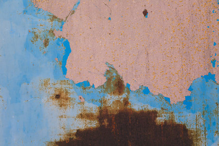 Old blue cracked paint the old metal backgroundの写真素材